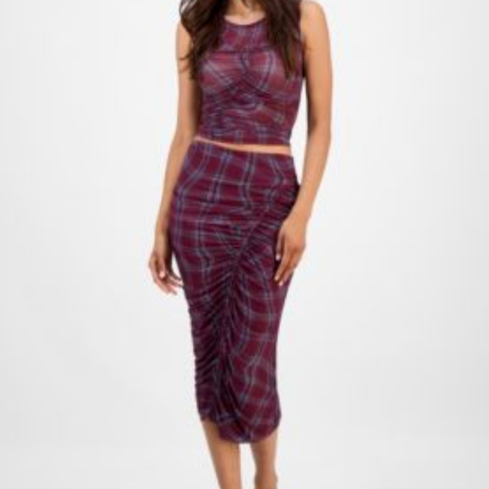 Bar III Plum Plaid Ruched Midi Skirt